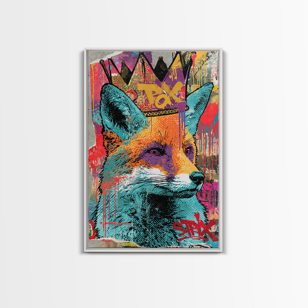 Urban Fox Wearing a Crown of Spray Canvas Print, Street Art, Artwork, Living Room Decor, Urban, Pop Art, Banksy Wall Art, STR-2x3-58