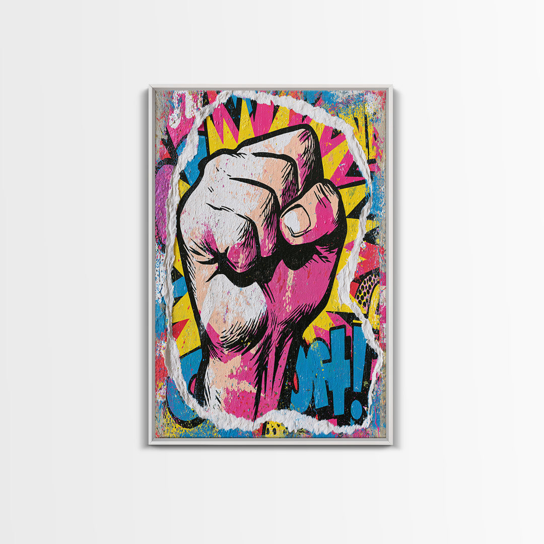 Comic Fist Breaking Through Color Framed Canvas Print, Street Art, Abstract Painting, Living Room Decor, Fine Art, Urban, STR-2x3-69