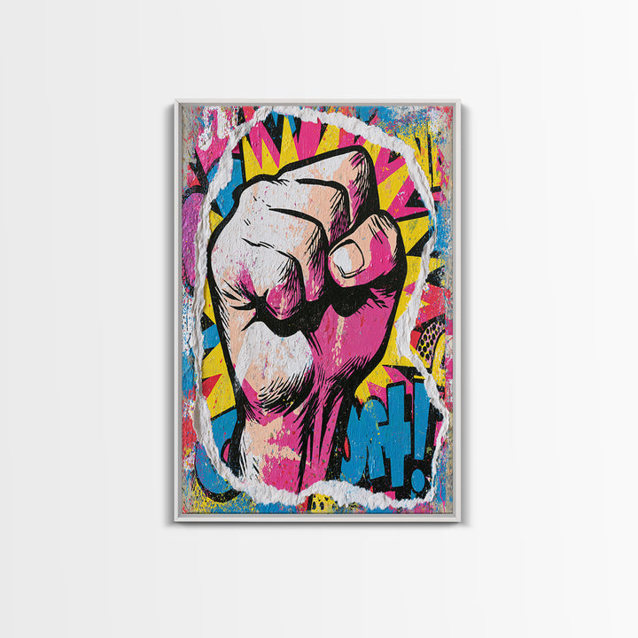 Comic Fist Breaking Through Color Framed Canvas Print, Street Art, Abstract Painting, Living Room Decor, Fine Art, Urban, STR-2x3-69