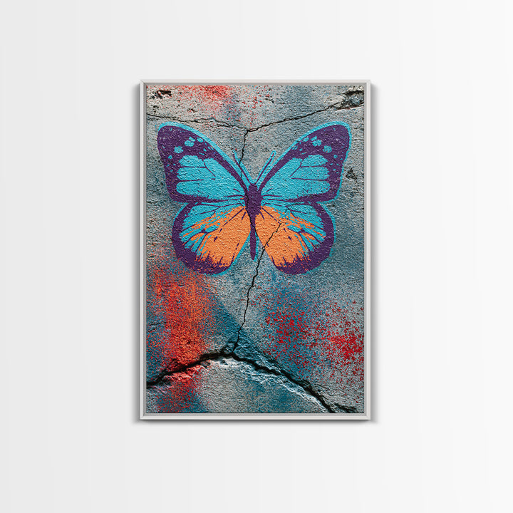Spray Painted Butterfly on Cracked Concrete Canvas Print, Street Art, Abstract Art, Living Room Decor, Fine Art, Urban, STR-2x3-79