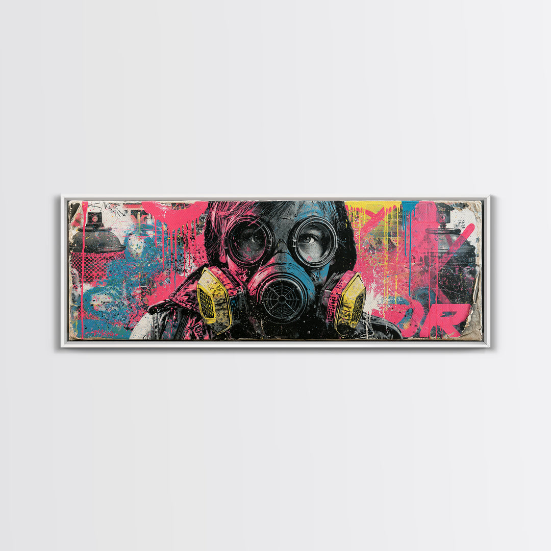Masked Figure Surrounded by Aerosol Clouds Canvas Print, Street Art, Textured Painting, Living Room Decor, Fine Art, Urban, STR-3x1-100