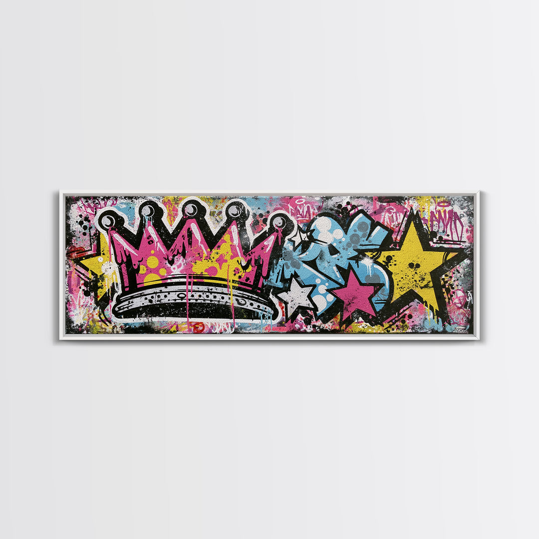 Drippy Crown and Stars Composition Framed Canvas Print, Street Art, Painting, Living Room Decor, Urban, Abstract Painting, STR-3x1-84