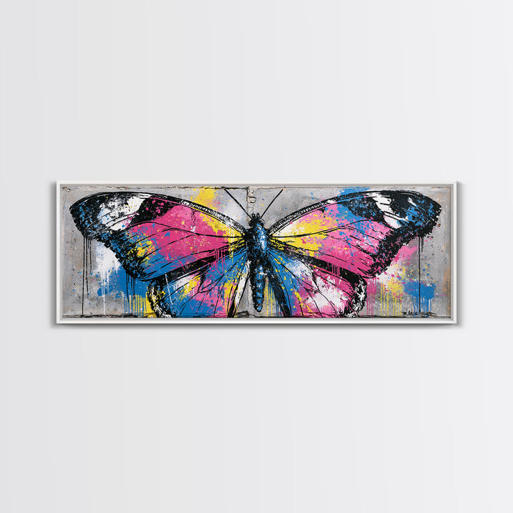 Spray Painted Butterfly on Cracked Concrete Framed Canvas Print, Street Art, Artwork, Living Room Decor, Fine Art, Urban, STR-3x1-87