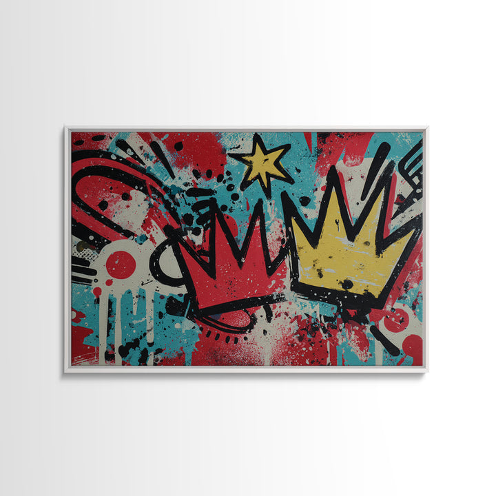 Drippy Crown and Stars Composition Framed Canvas Print, Street Art, Abstract, Living Room Decor, Fine Art, Urban, Luxury Decor, STR-3x2-24