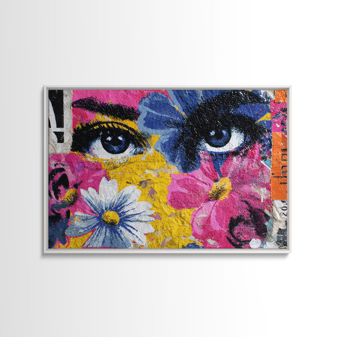 Paste Up Collage of Flowers and Eyes Canvas Print, Street Art, Abstract Painting, Living Room Decor, Watercolor Art, Urban, STR-3x2-38