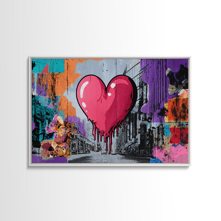 Neon Heart with Rough Drips Framed Canvas Print, Street Art, Minimalist Decor, Living Room Decor, Fine Art, Urban, Original Art, STR-3x2-39
