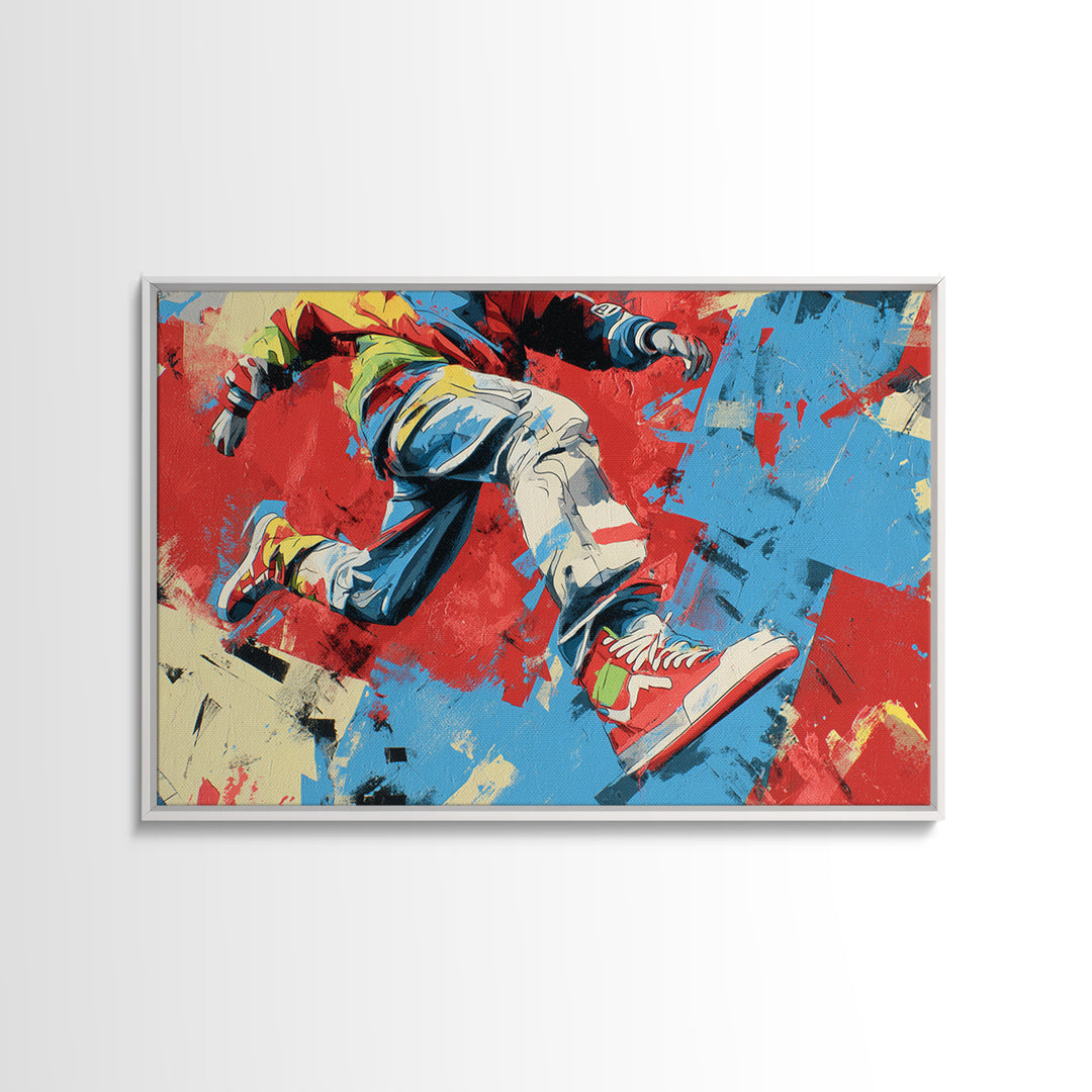 Breakdancer Frozen in Energetic Motion Framed Canvas Print, Street Art, Colorful Wall Art, Living Room Decor, Fine Art, Urban, STR-3x2-46