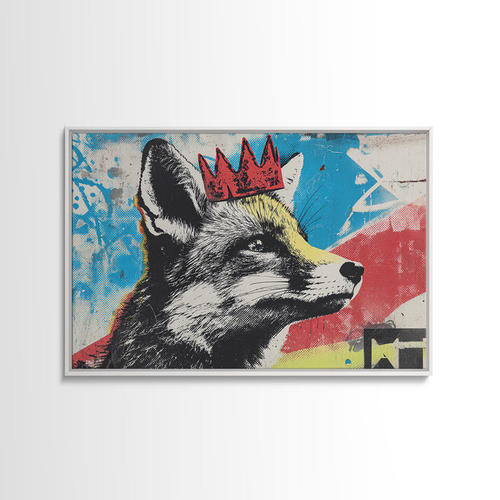 Urban Fox Wearing a Crown of Spray Framed Canvas Print, Street Art, Modern Wall Art, Living Room Decor, Fine Art, Urban, STR-3x2-6