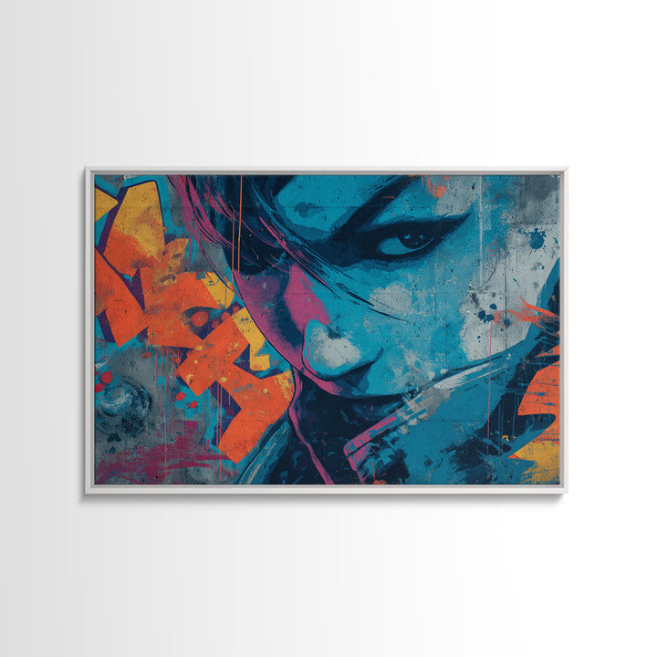 Masked Figure Surrounded by Aerosol Clouds Framed Canvas Print, Street Art, Textured Painting, Living Room Decor, Urban, STR-3x2-64