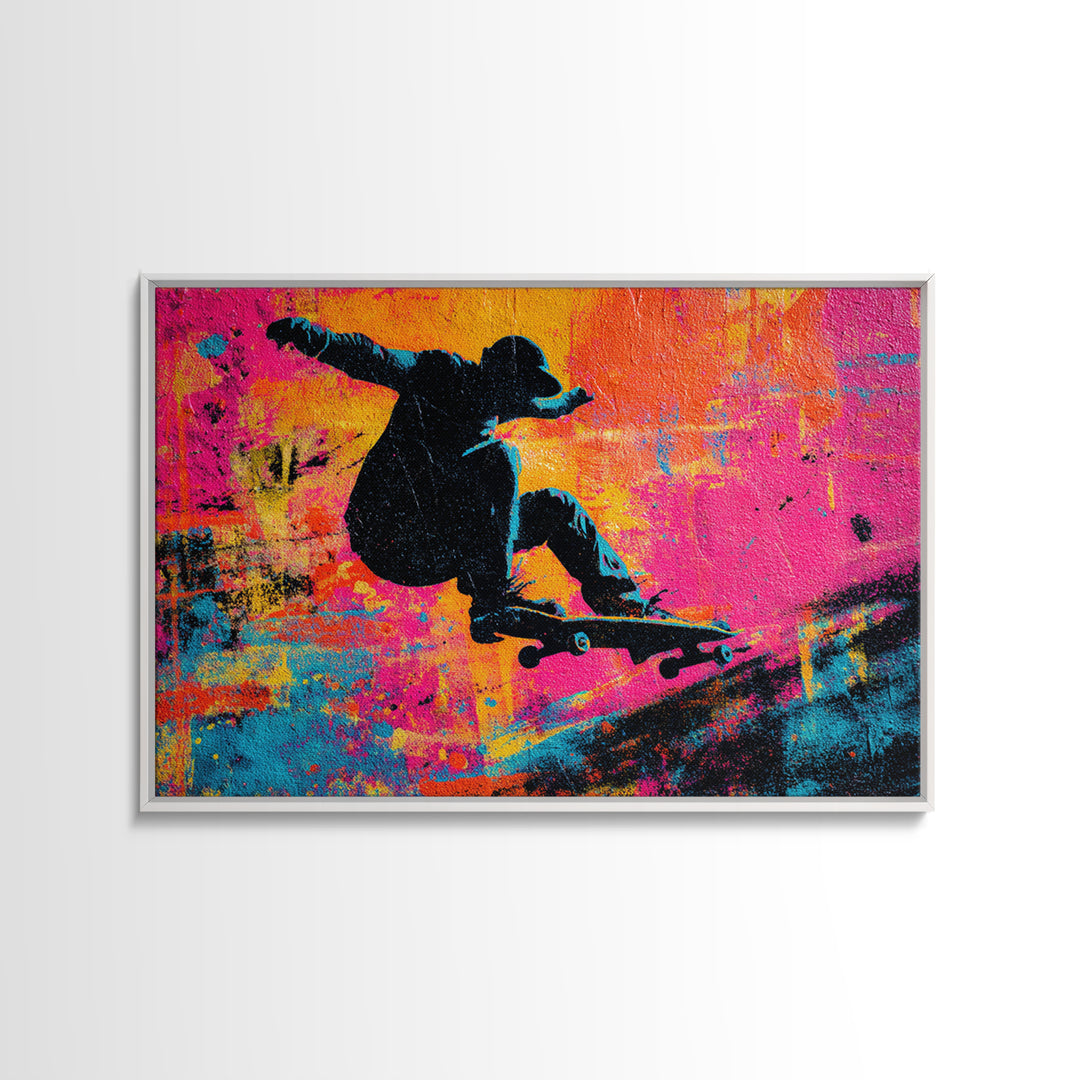 Skateboarder Silhouette over Neon Splashes Framed Canvas Print, Street Art, Original Art, Living Room Decor, Abstract Art, STR-3x2-7