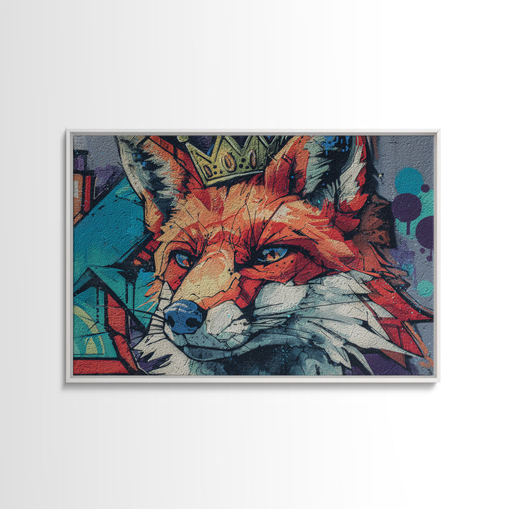 Urban Fox Wearing a Crown of Spray Framed Canvas Print, Street Art, Contemporary Art, Living Room Decor, Fine Art, Urban, STR-3x2-78