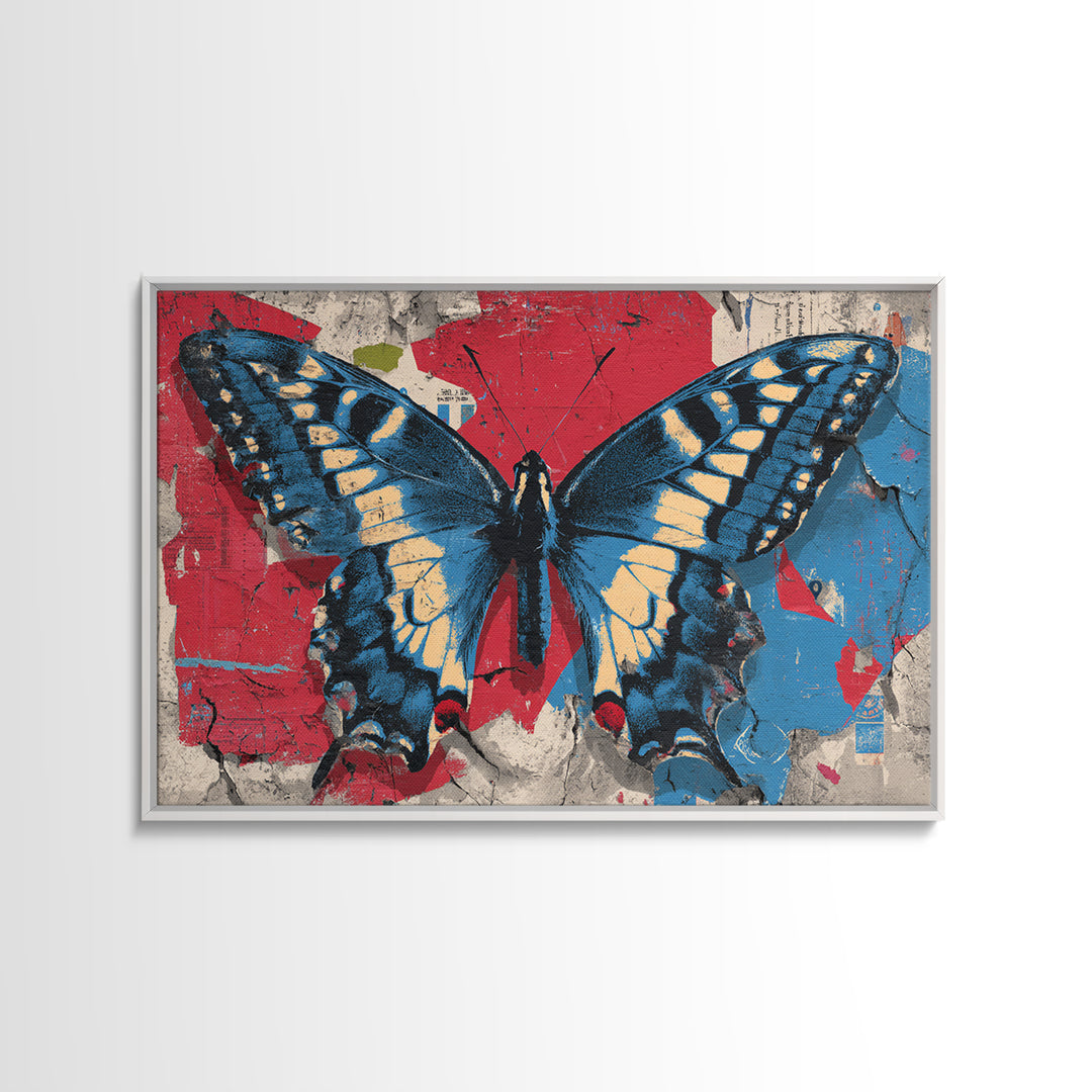 Spray Painted Butterfly on Cracked Concrete Framed Canvas Print, Street Art, Artwork, Living Room Decor, Fine Art, Urban, STR-3x2-99