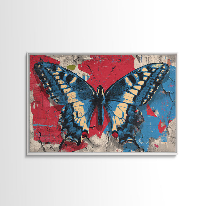 Spray Painted Butterfly on Cracked Concrete Framed Canvas Print, Street Art, Artwork, Living Room Decor, Fine Art, Urban, STR-3x2-99