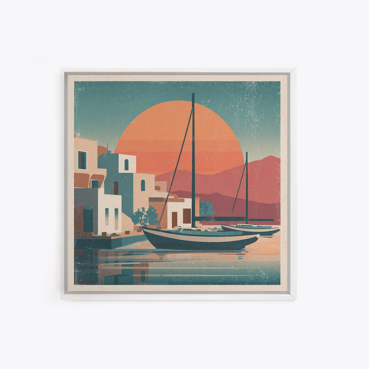 Greek Island Sailboat and Sun Poster Framed Canvas Print, Travel Poster(2), Luxury Decor, Living Room Decor, Fine Art, Voyage, TPO-1x1-40