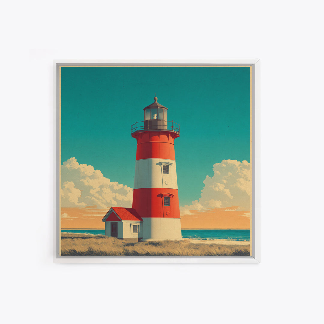 Cape Cod Lighthouse Summer Poster Framed Canvas Print, Travel Poster(2), Mid Century Wall Art, Living Room Decor, Voyage, TPO-1x1-42
