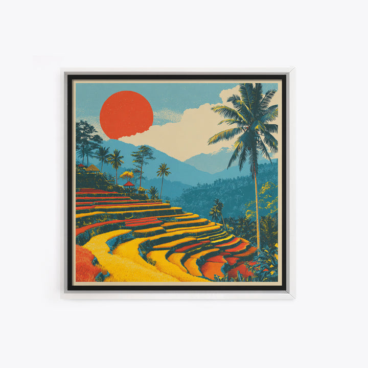 Bali Rice Terraces and Jungle Palms Framed Canvas Print, Travel Poster(2), Retro Poster, Living Room Decor, Fine Art, Voyage, TPO-1x1-61