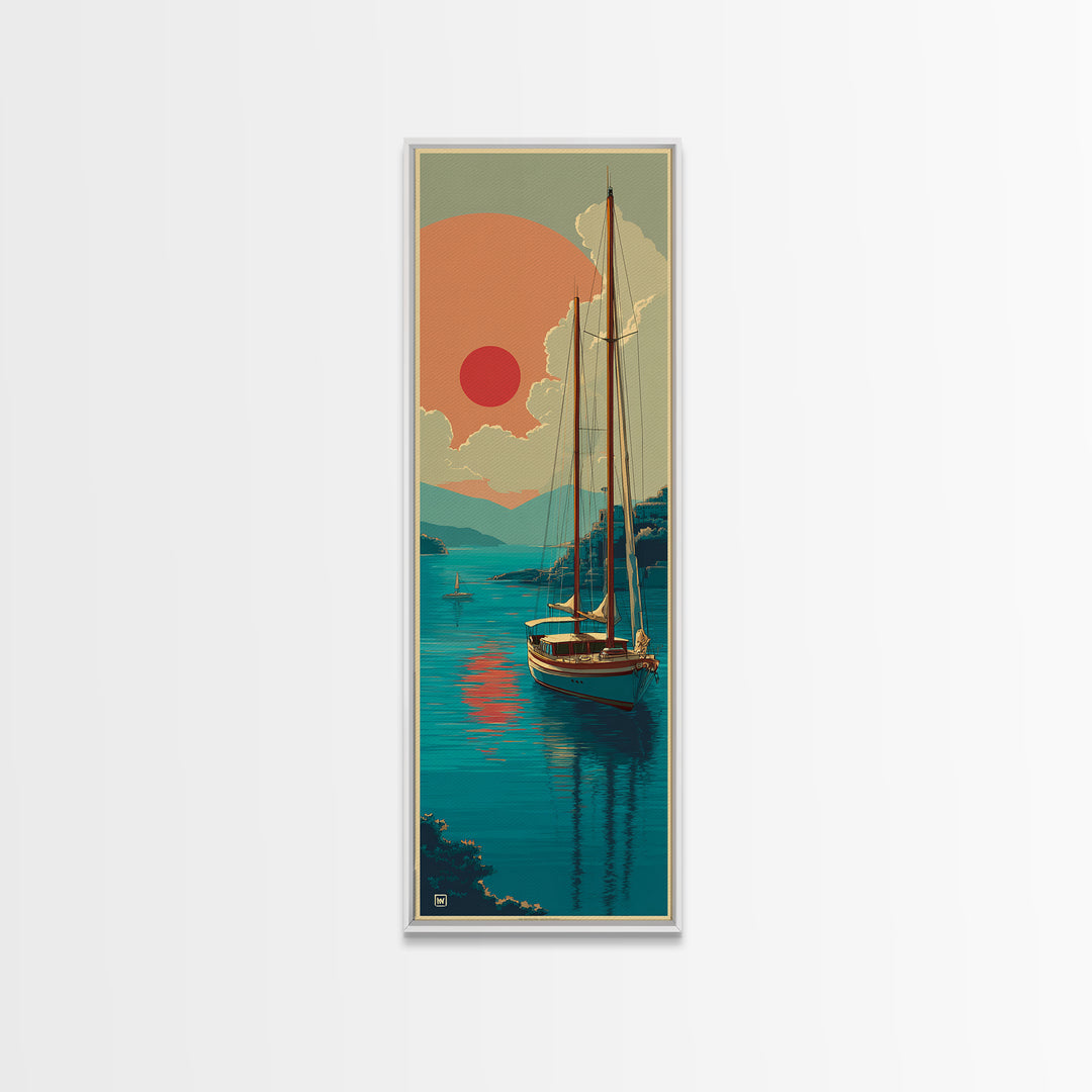 Greek Island Sailboat and Sun Poster Framed Canvas Print, Travel Poster(2), Modern Decor, Living Room Decor, Fine Art, Voyage, TPO-1x3-4
