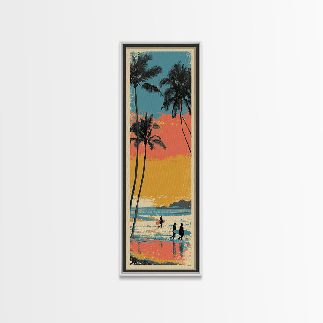 Hawaii Surf and Palm Tree Poster Framed Canvas Print, Travel Poster(2), Boho Decor, Living Room Decor, Fine Art, Voyage, TPO-1x3-45
