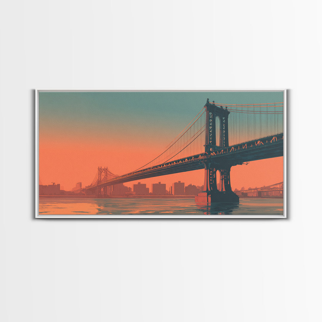 New York Bridge at Sunrise Framed Canvas Print, Travel Poster(2), Minimalist Decor, Living Room Decor, Fine Art, Voyage, TPO-2x1-50