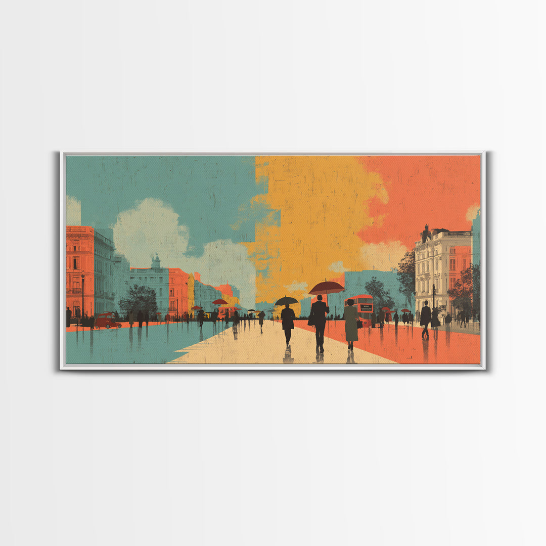 London Rainy Street Umbrella Graphic Canvas Print, Travel Poster(2), Contemporary Art, Living Room Decor, Fine Art, Voyage, TPO-2x1-54