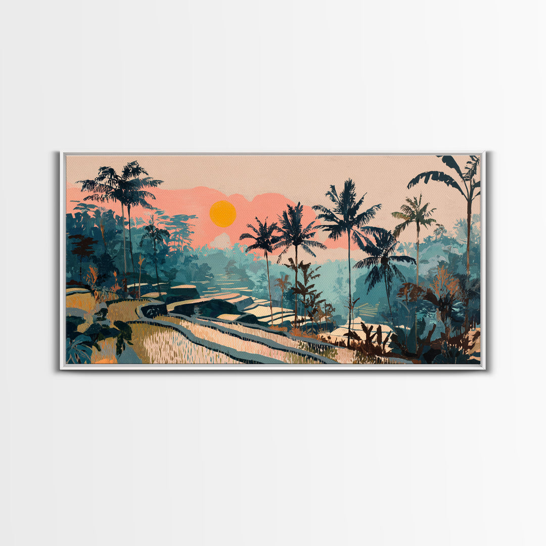 Bali Rice Terraces and Jungle Palms Framed Canvas Print, Travel Poster(2), Wall Hanging, Living Room Decor, Fine Art, Voyage, TPO-2x1-81