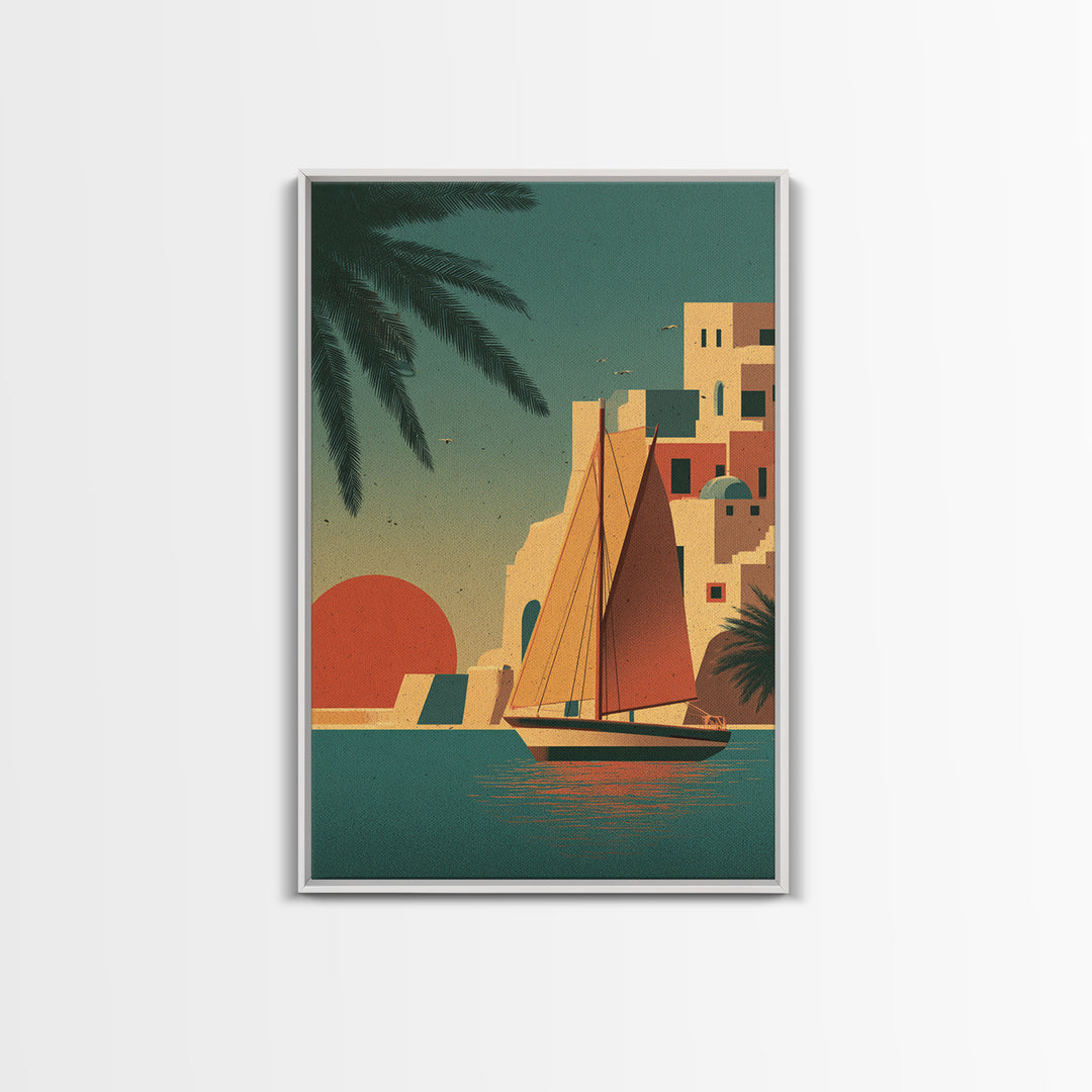 Greek Island Sailboat and Sun Poster Framed Canvas Print, Travel Poster(2), Map Print, Living Room Decor, Fine Art, Voyage, TPO-2x3-24