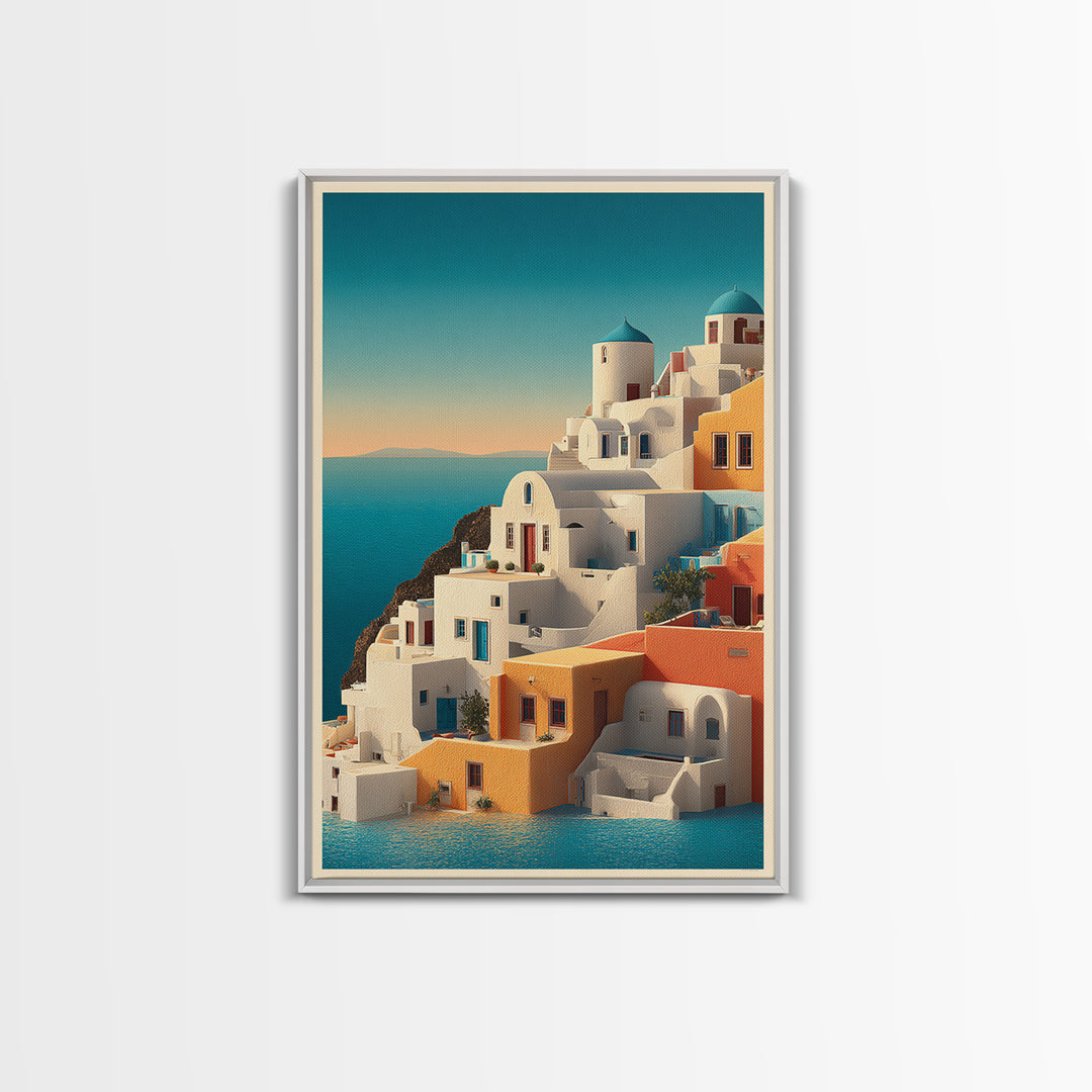 Santorini White Buildings and Cobalt Water Framed Canvas Print, Travel Poster(2), Landscape Art, Living Room Decor, Voyage, TPO-2x3-36
