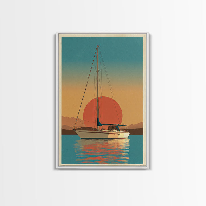 Greek Island Sailboat and Sun Poster Framed Canvas Print, Travel Poster(2), Statement Artwork, Living Room Decor, Voyage, TPO-2x3-48