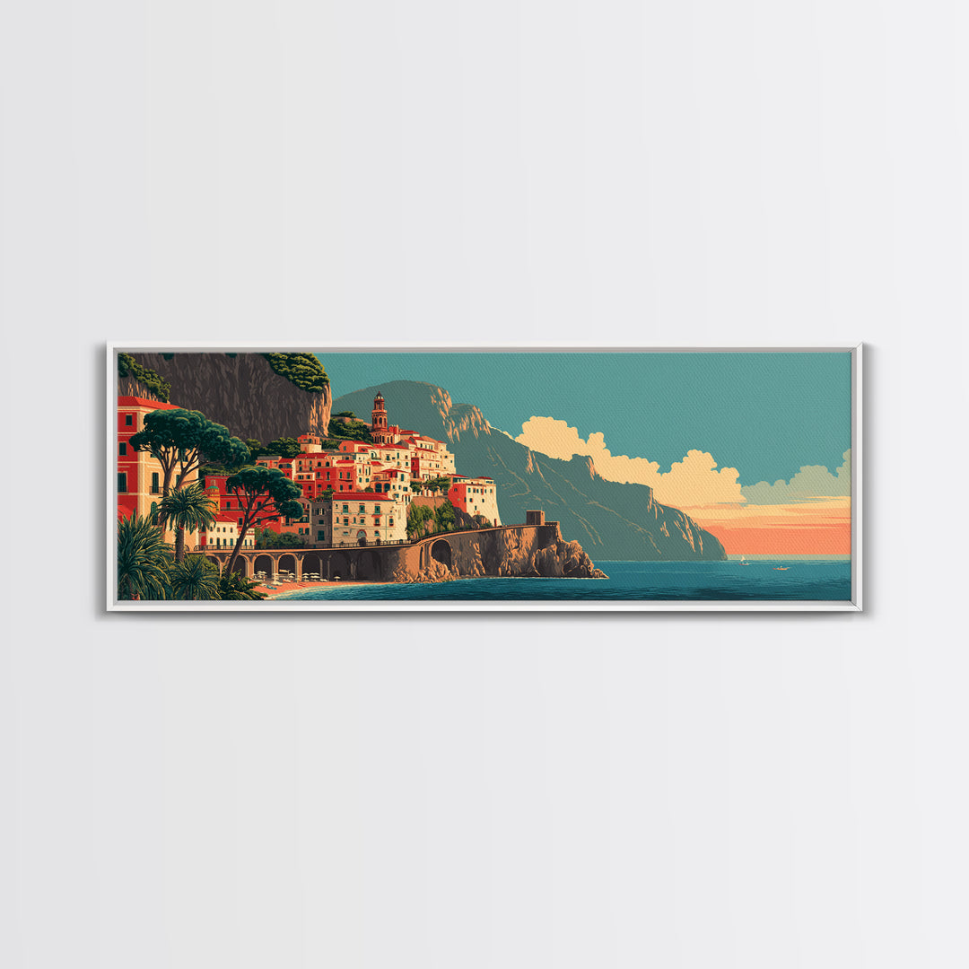Retro Amalfi Coast Cliffs Framed Canvas Print, Travel Poster(2), Wall Hanging, Living Room Decor, Voyage, Landscape Art, TPO-3x1-18