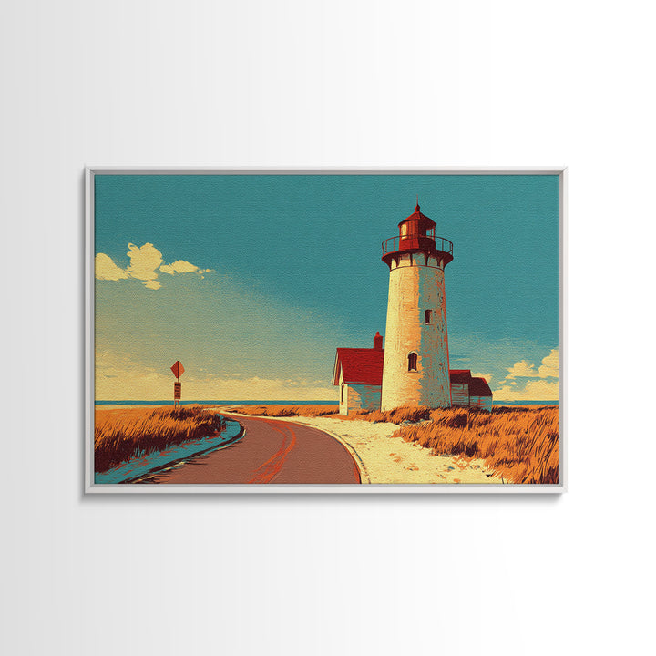 Cape Cod Lighthouse Summer Poster Framed Canvas Print, Travel Poster(2), Coastal Wall Art, Living Room Decor, Fine Art, Voyage, TPO-3x2-46