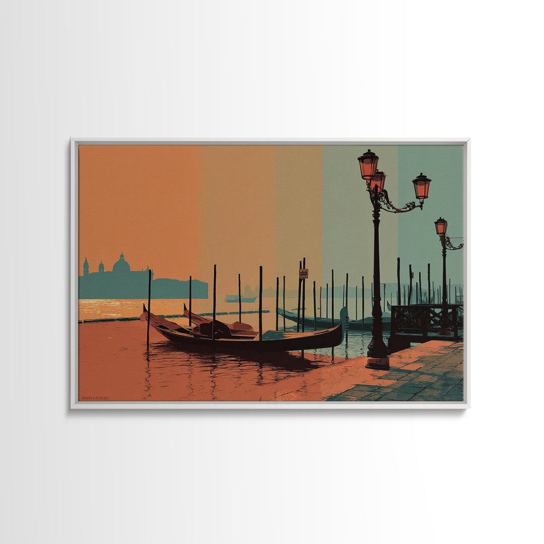 Venice Gondola Silhouette Framed Canvas Print, Travel Poster(2), Gallery Decor, Living Room Decor, Fine Art, Voyage, TPO-3x2-64
