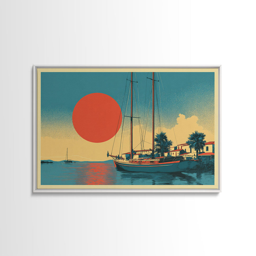 Greek Island Sailboat and Sun Poster Canvas Print, Travel Poster(2), Wall Decor, Living Room Decor, Fine Art, Voyage, TPO-3x2-68