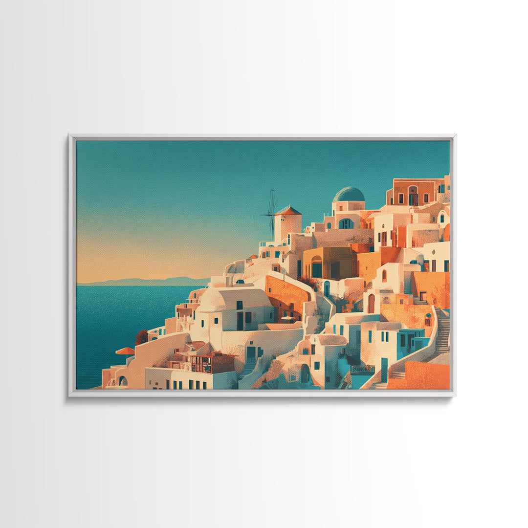 Santorini White Buildings and Cobalt Water Framed Canvas Print, Travel Poster(2), Retro Wall Art, Living Room Decor, Voyage, TPO-3x2-8