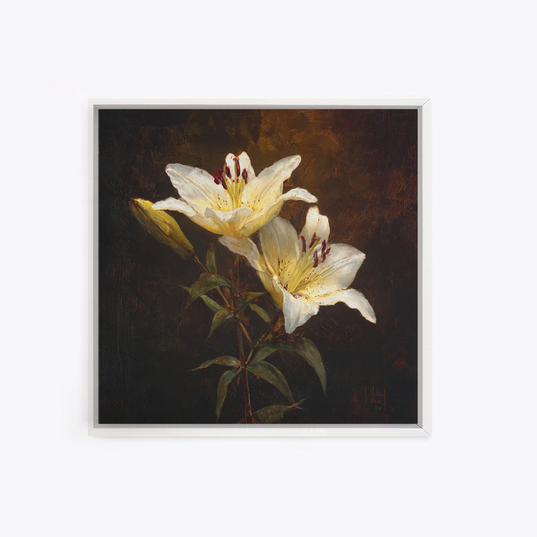 White Lilies on Dark Background Canvas Print, Traditional Art, Digital Print, Living Room Decor, Oil Painting, Classic, TRA-1x1-15