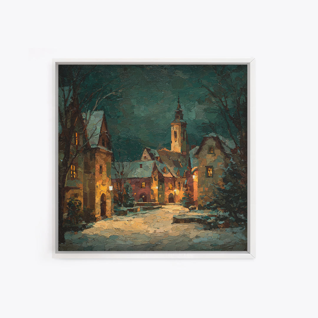 Snowy Village Landscape at Twilight Canvas Print, Traditional Art, Printable Art, Living Room Decor, Watercolor Art, Classic, TRA-1x1-19
