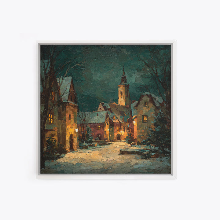 Snowy Village Landscape at Twilight Canvas Print, Traditional Art, Printable Art, Living Room Decor, Watercolor Art, Classic, TRA-1x1-19