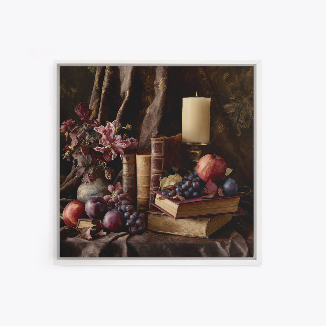 Still Life of Books Candle and Fruit Canvas Print, Traditional Art, Painting, Living Room Decor, Classic, Art Commissions, TRA-1x1-20