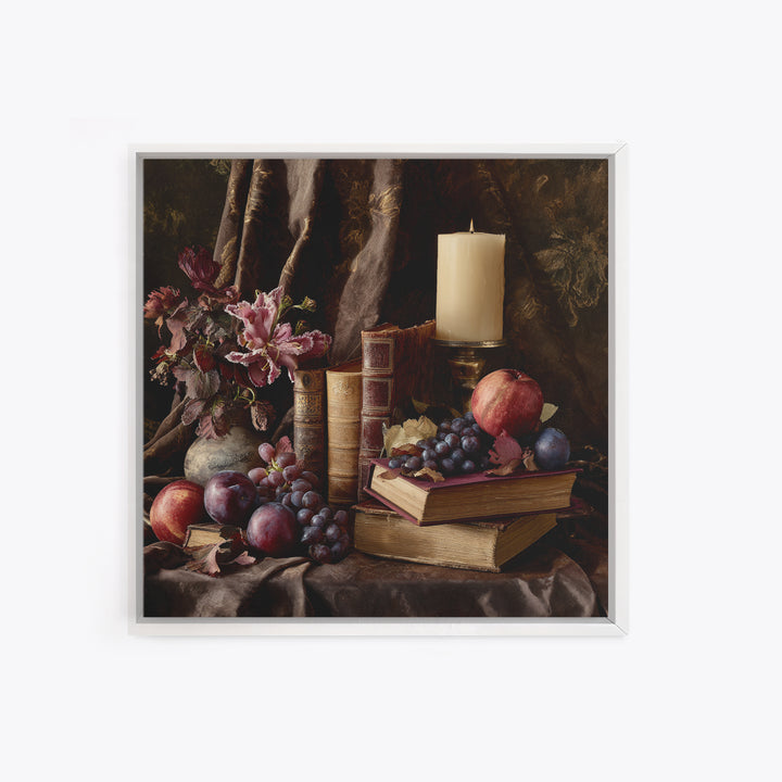 Still Life of Books Candle and Fruit Canvas Print, Traditional Art, Painting, Living Room Decor, Classic, Art Commissions, TRA-1x1-20