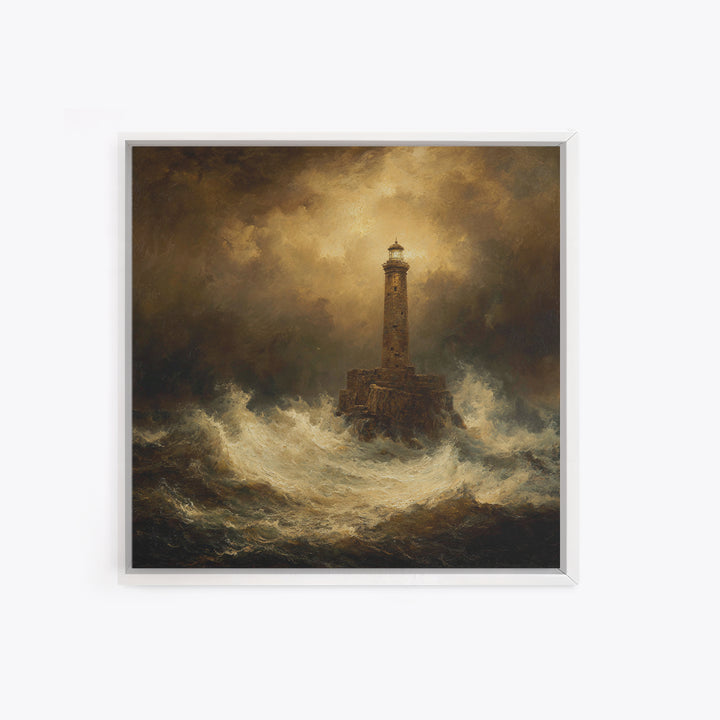 Lighthouse with Crashing Waves Framed Canvas Print, Traditional Art, Neutral Decor, Living Room Decor, Fine Art, Classic, TRA-1x1-21