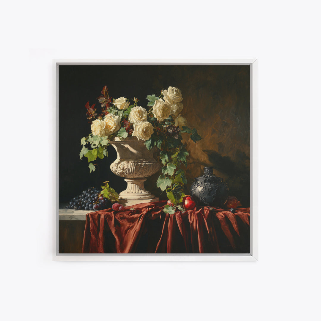 Garden Urn with Roses and Ivy Framed Canvas Print, Traditional Art, Indian Wall Art, Living Room Decor, Watercolor Art, Classic, TRA-1x1-24