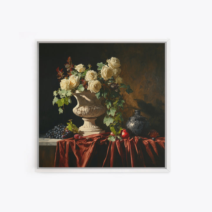 Garden Urn with Roses and Ivy Framed Canvas Print, Traditional Art, Indian Wall Art, Living Room Decor, Watercolor Art, Classic, TRA-1x1-24
