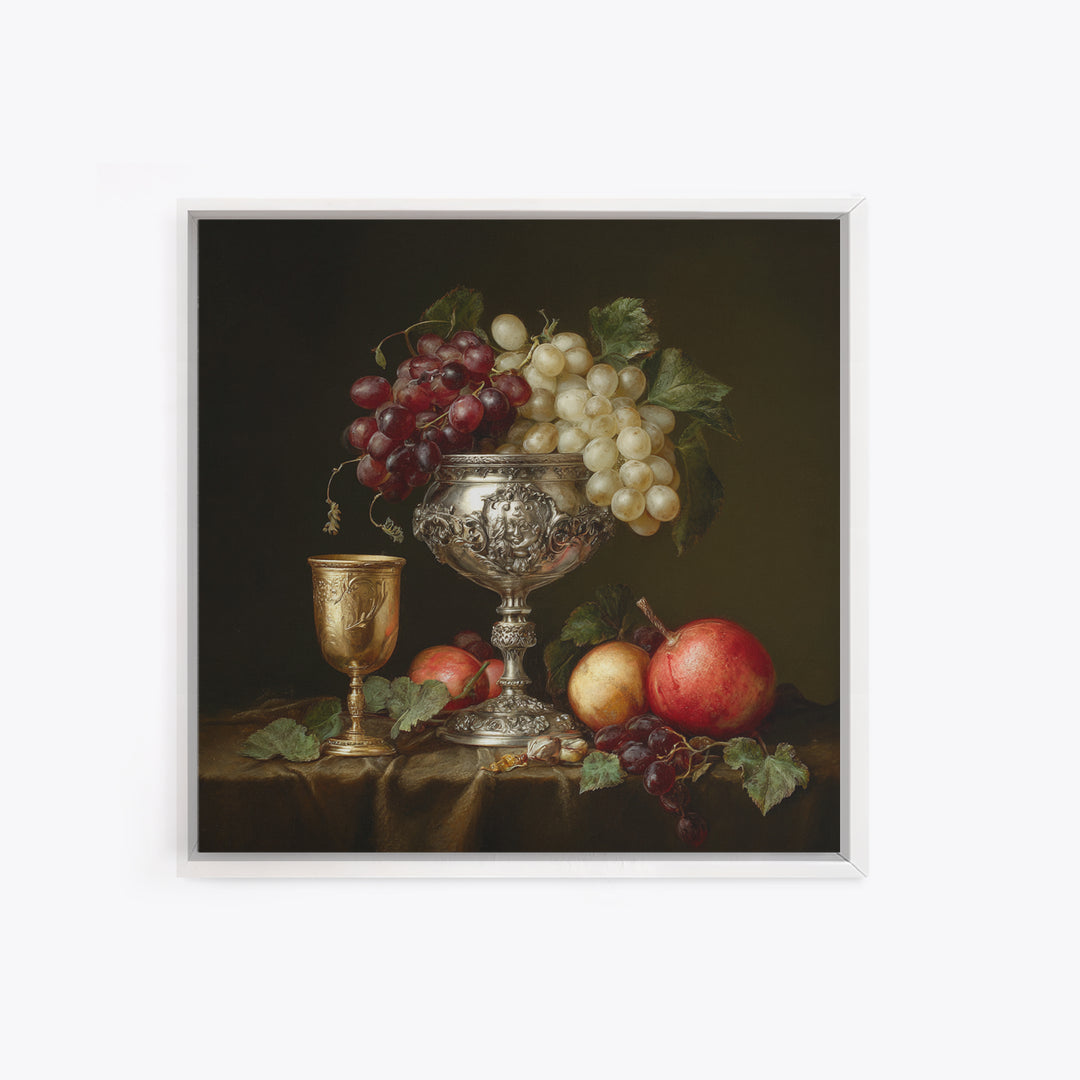 Dutch Fruit and Silver Goblet Still Life Framed Canvas Print, Traditional Art, Living Room Decor, Oil Painting, Classic, TRA-1x1-28