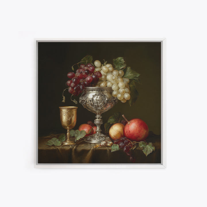 Dutch Fruit and Silver Goblet Still Life Framed Canvas Print, Traditional Art, Living Room Decor, Oil Painting, Classic, TRA-1x1-28