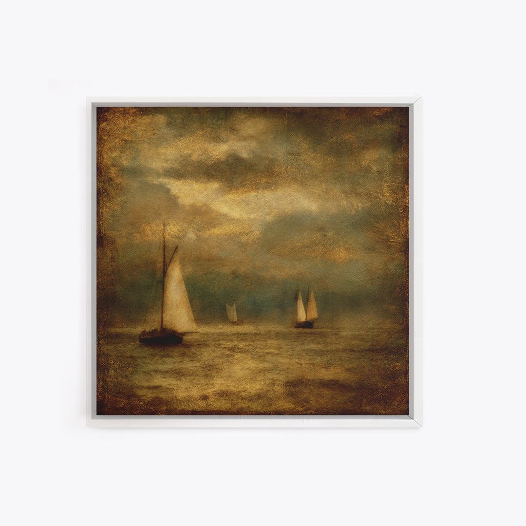 Seascape with Sailboats and Cloudy Sky Framed Canvas Print, Traditional Art, Textured Painting, Living Room Decor, Classic, TRA-1x1-29