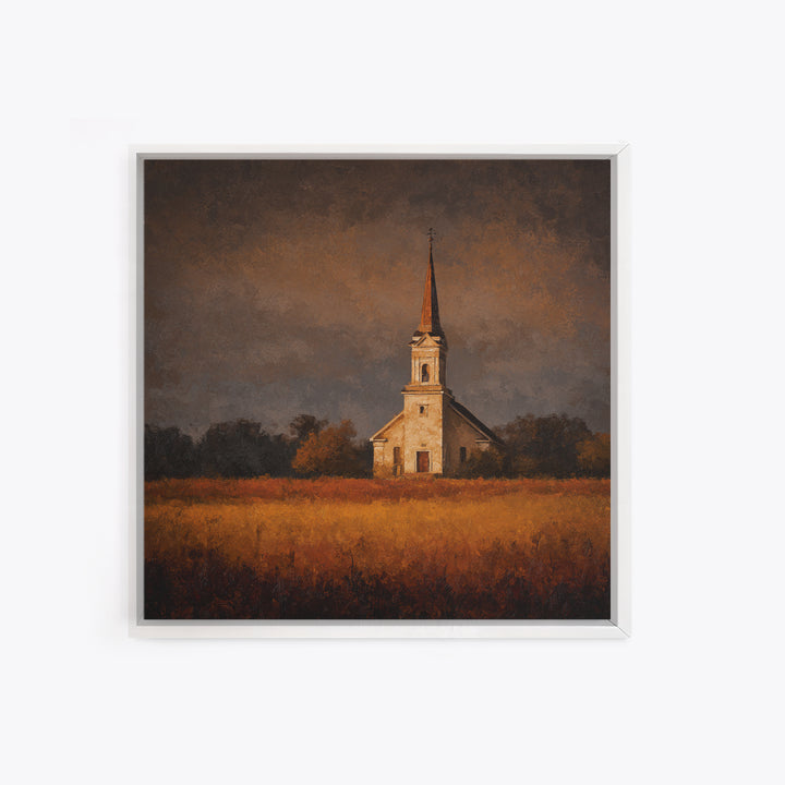 Church Steeple Across Rural Meadow Framed Canvas Print, Traditional Art, Boho Decor, Living Room Decor, Fine Art, Classic, TRA-1x1-37