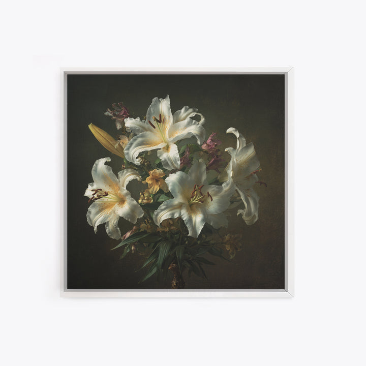 White Lilies on Dark Background Framed Canvas Print, Traditional Art, Custom Art, Living Room Decor, Fine Art, Classic, TRA-1x1-39