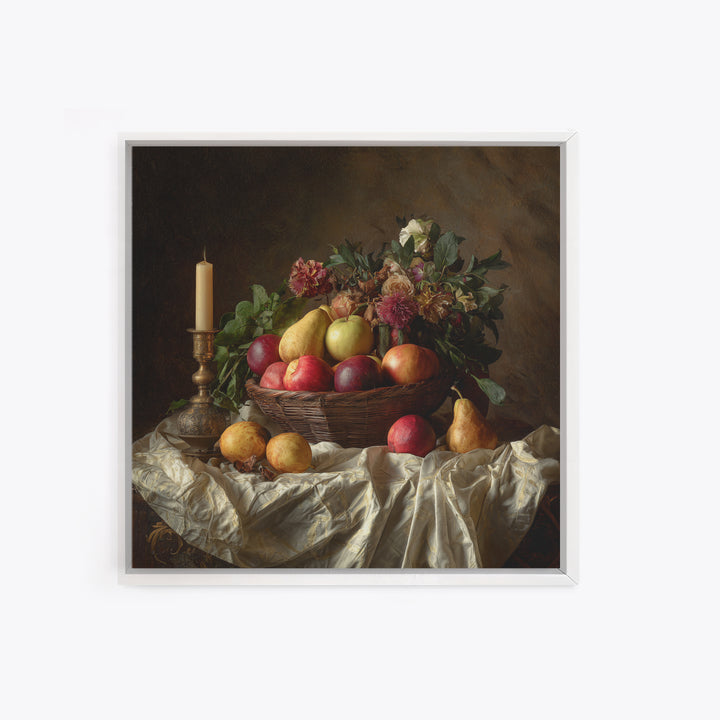 Basket of Apples and Pears on Linen Framed Canvas Print, Traditional Art, Landscape, Living Room Decor, Fine Art, Classic, TRA-1x1-42