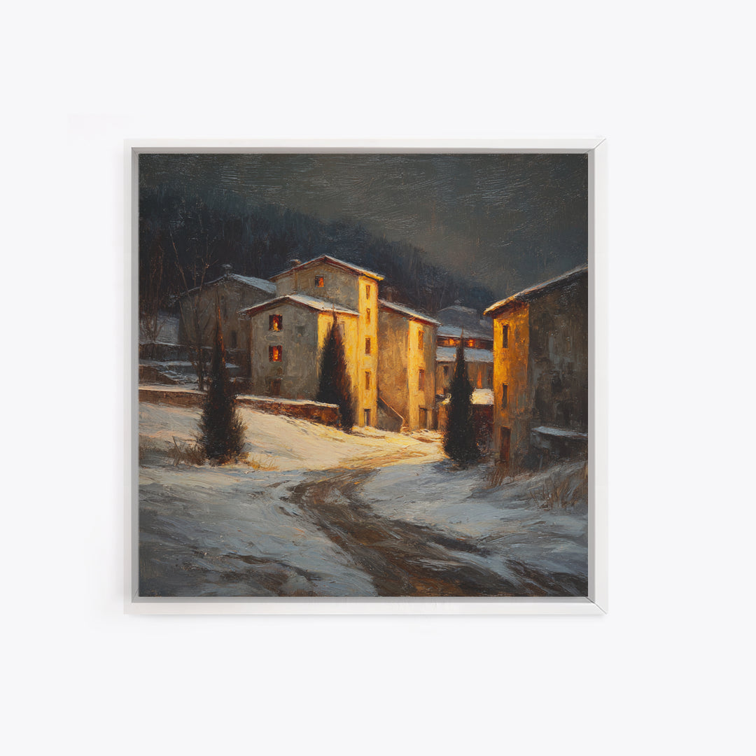 Snowy Village Landscape at Twilight Framed Canvas Print, Traditional Art, Furry Art, Living Room Decor, Fine Art, Classic, TRA-1x1-43