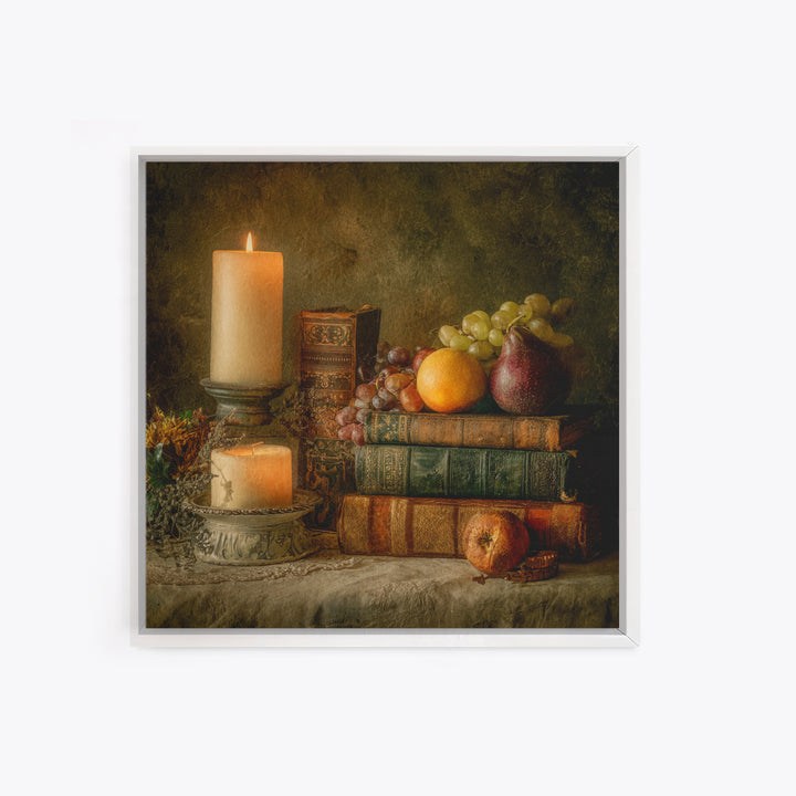 Still Life of Books Candle and Fruit Framed Canvas Print, Traditional Art, Boho, Living Room Decor, Fine Art, Classic, TRA-1x1-44