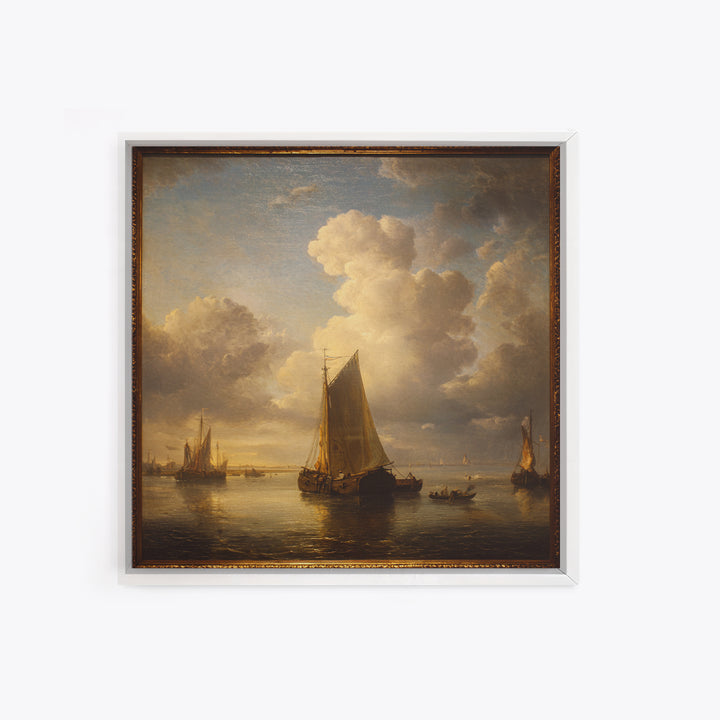 Seascape with Sailboats and Cloudy Sky Framed Canvas Print, Traditional Art, Textured Painting, Living Room Decor, Classic, TRA-1x1-53